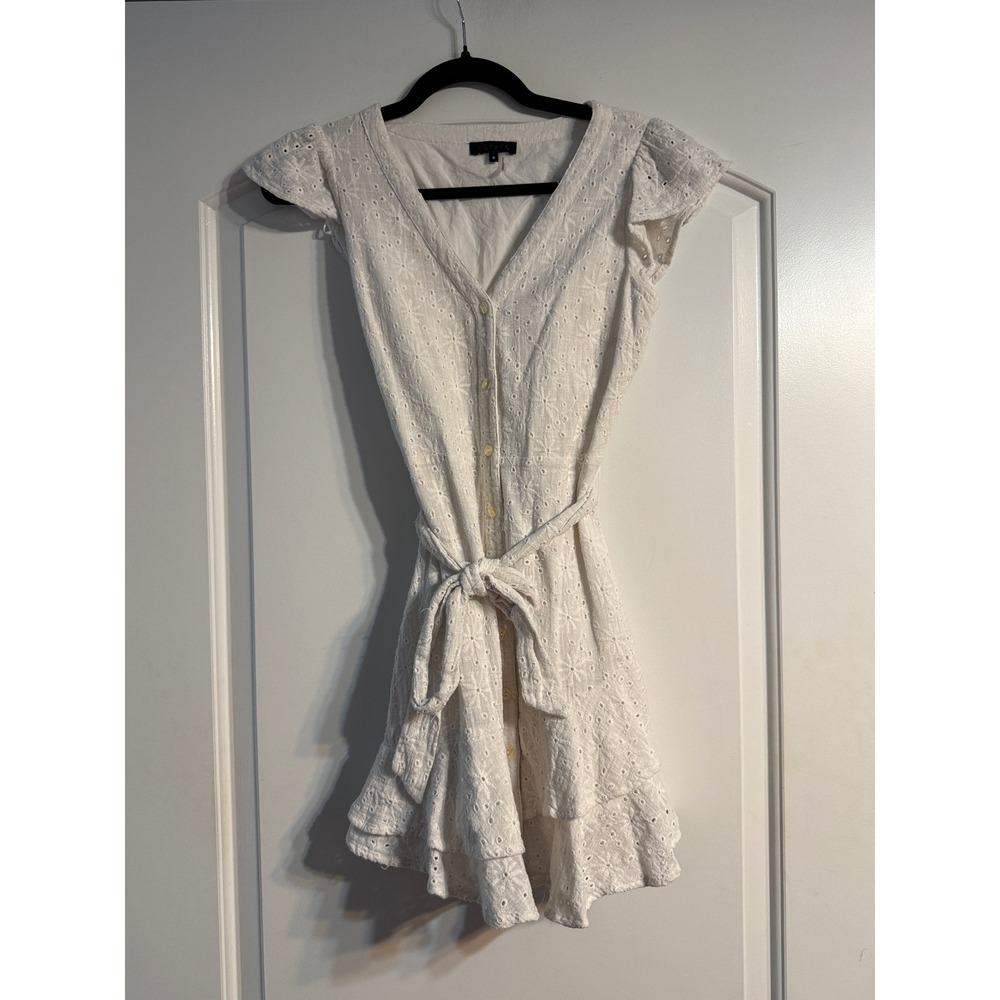 1.STATE Eyelet Mini Dress 0 White Cotton Flutter Sleeve Tie Waist Boho Brunch